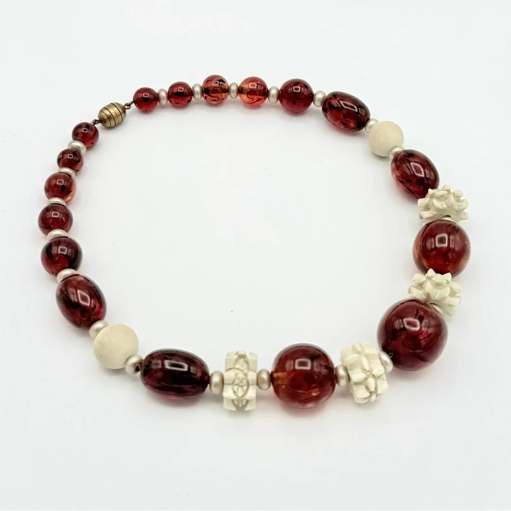 Vintage 1930s Louis Rousselet Art Deco Amber Glass Bead Carved Galalith Necklace